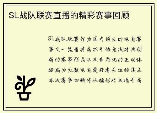 SL战队联赛直播的精彩赛事回顾