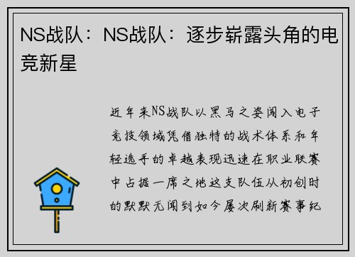 NS战队：NS战队：逐步崭露头角的电竞新星